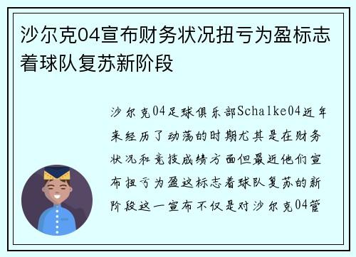 沙尔克04宣布财务状况扭亏为盈标志着球队复苏新阶段